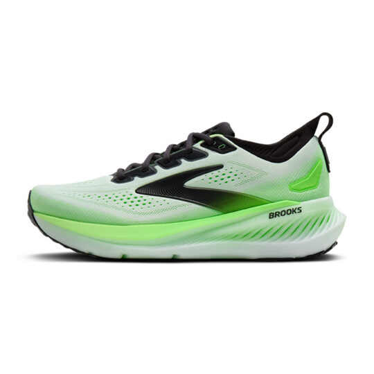 Product shot of Brooks Glycerin 23 shoe color White Phantom Green Gecko.